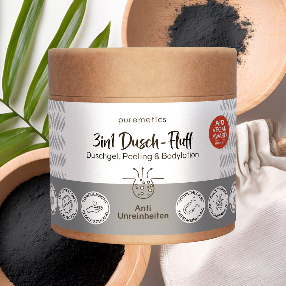 Puremetics | 3in1 Dusch-Fluff „Anti-Unreinheiten“ – Aktivkohle, Niacinamid & Salicylsäure (250 g)