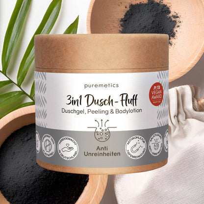 Puremetics | 3in1 Dusch-Fluff „Anti-Unreinheiten“ – Aktivkohle, Niacinamid & Salicylsäure (250 g)