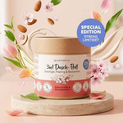 Puremetics | 3in1 Dusch-Fluff „Kirschblüte & Mandelmilch“ – Duschgel, Peeling & Pflege (250 g)