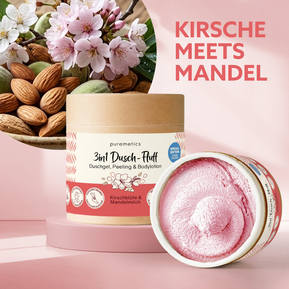 Puremetics | 3in1 Dusch-Fluff „Kirschblüte & Mandelmilch“ – Duschgel, Peeling & Pflege (250 g)