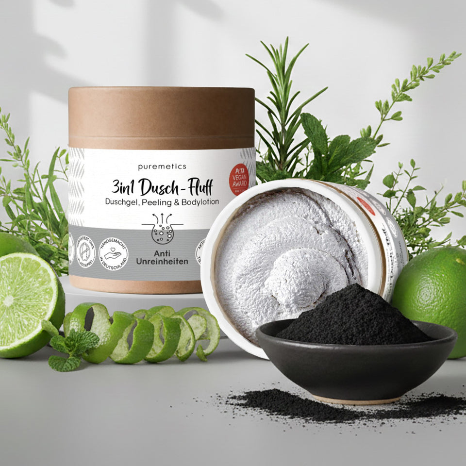Puremetics | 3in1 Dusch-Fluff „Anti-Unreinheiten“ – Aktivkohle, Niacinamid & Salicylsäure (250 g)