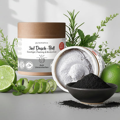 Puremetics | 3in1 Dusch-Fluff „Anti-Unreinheiten“ – Aktivkohle, Niacinamid & Salicylsäure (250 g)
