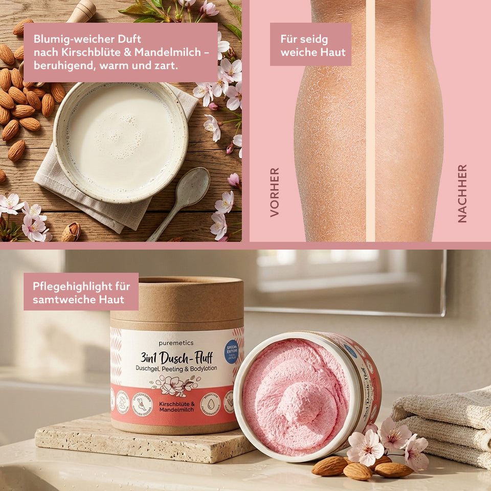 Puremetics | 3in1 Dusch-Fluff „Kirschblüte & Mandelmilch“ – Duschgel, Peeling & Pflege (250 g)