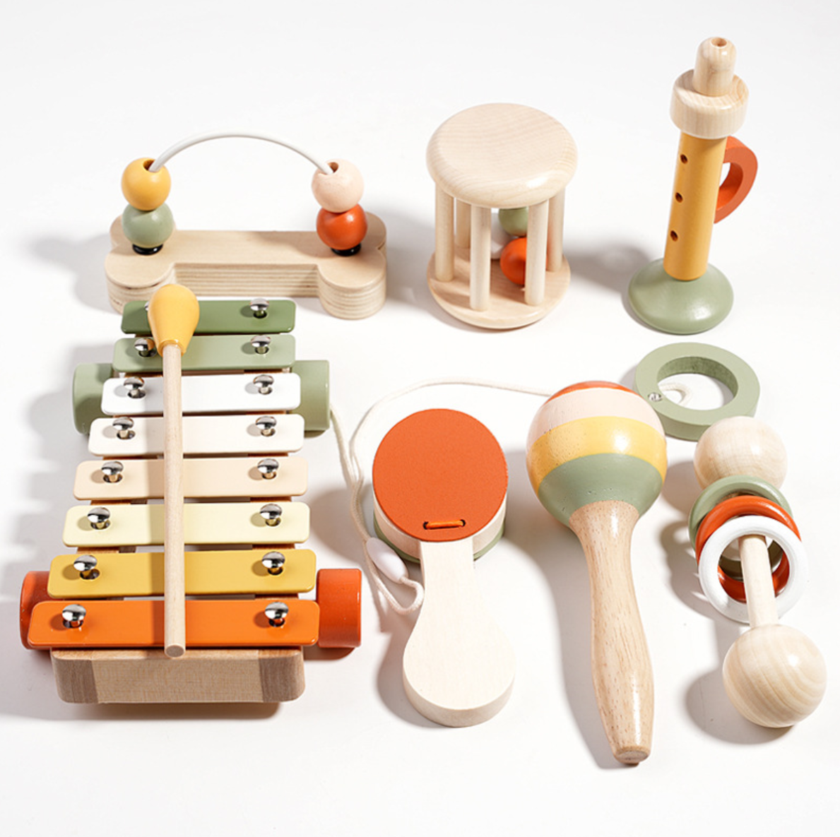 Kinder Holz Musikinstrumente - 7-teiliges Montessori Musikspielzeug-Set für frühes Lernen