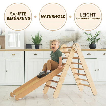 5in1 Montessori Klettergerüst Set: Kletterdreieck + Kletterbogen mit Kissen + Kletternetz und Rutsche für Kinder 1-7 Jahre – Schokolade