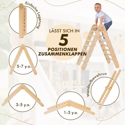 5in1 Montessori Klettergerüst Set: Kletterdreieck + Kletterbogen mit Kissen + Kletternetz und Rutsche für Kinder 1-7 Jahre – Schokolade