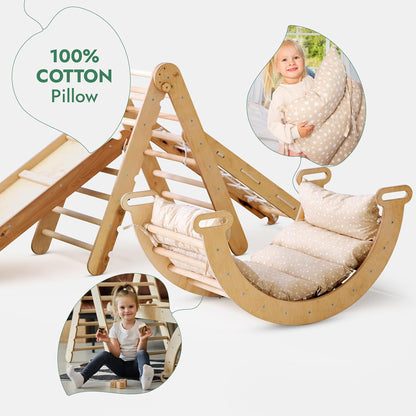 5in1 Montessori Klettergerüst Set: Kletterdreieck mit Rutsche, Kletterbogen, Kletternetz und Kissen, für Kinder 1-7 Jahre – Beige