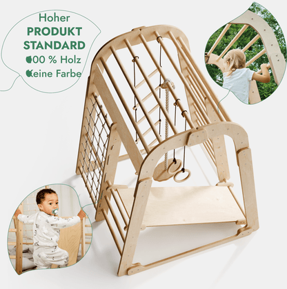 6in1 Indoor Spielplatz für Kinder: Klettergerüst mit Kletternetz, Rutsche, Gymnastikringe, Hängende Leiter und Disc-Schaukel – Beige