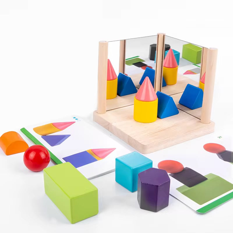 Kinder-Spiegel-Symmetrie-Spiel mit Holzbausteinen Geometrische Formen