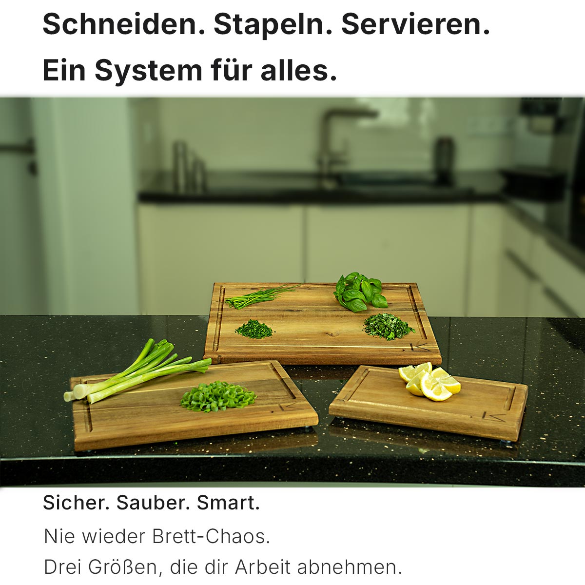 Akazien Schneidebrett-Set – 3-teilig mit Halter
