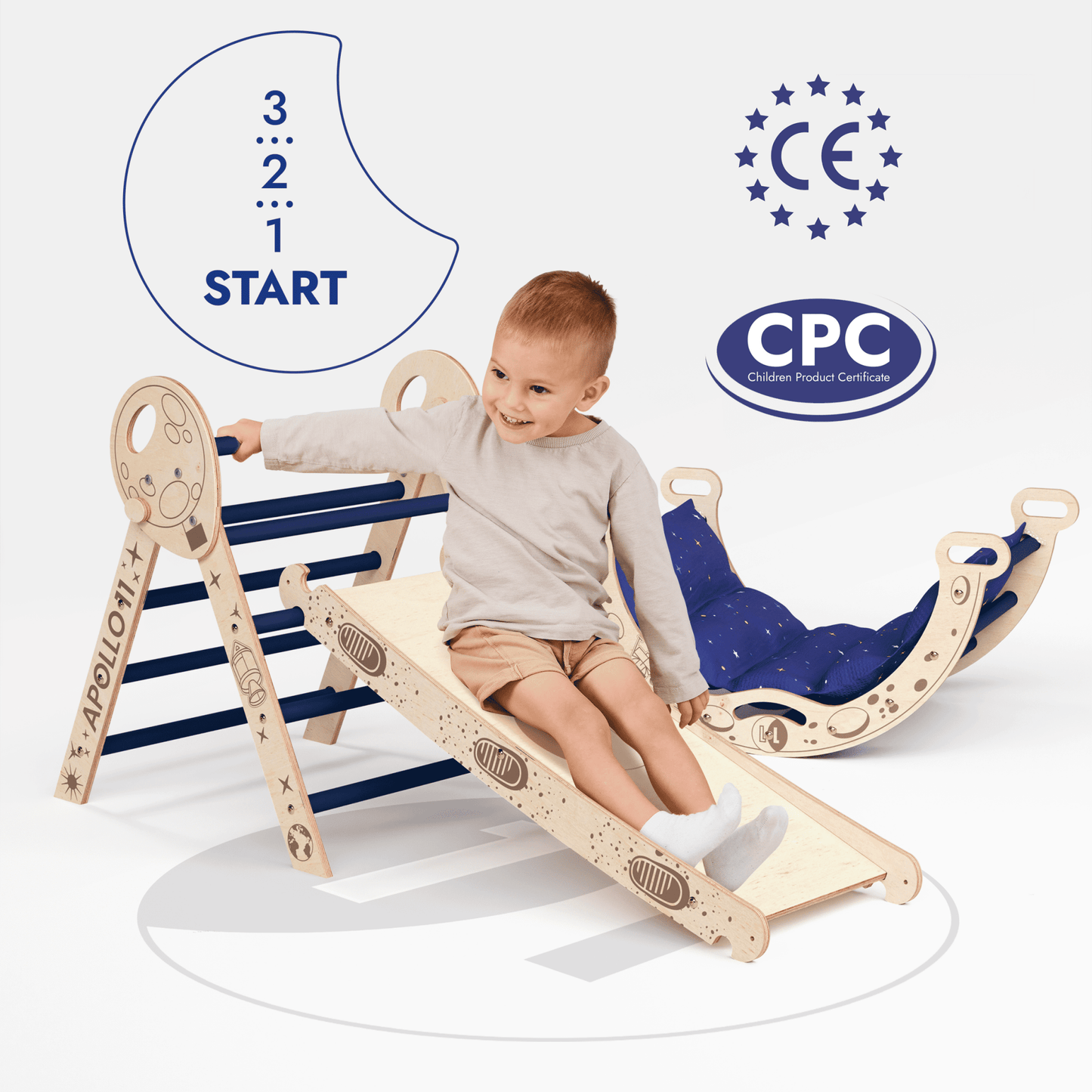 Apollo 4in1 Kletterset: Pikler-Dreieck, Kletterbogen, Rutschbrett und Kissen für kleine Kleinkind-Astronauten