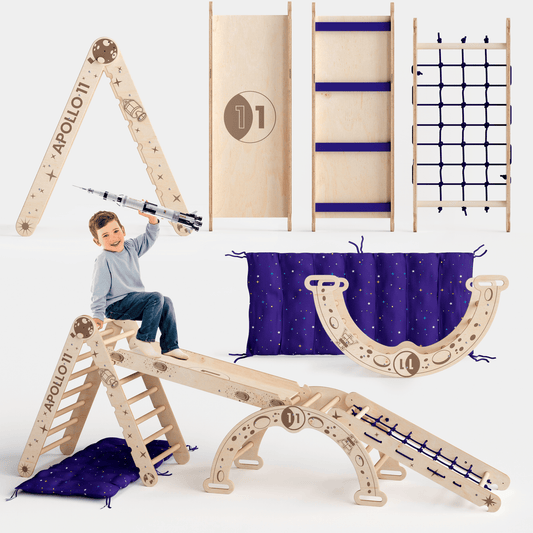 Apollo 5-in-1 Kletterset: Pikler-Dreieck, Kletterbogen, Rutschbrett, Kissen und Netz für kleine Astronauten