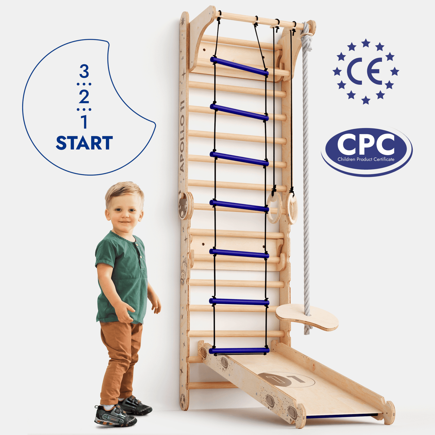 Apollo Schwedische Wand / Kletterleiter für kleine Astronauten + Mondschaukel-Set + Rutschbrett