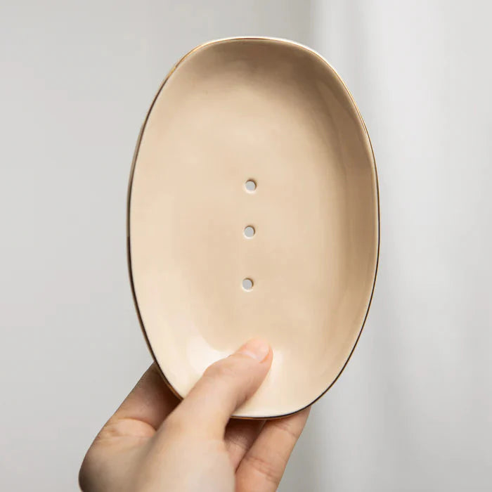 Seifenschale CLASSIC beige mit Goldrand – Steinzeug & nachhaltig | Tranquillo