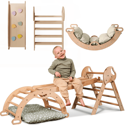 Montessori 4in1 Kletterdreieck für Babys: Pikler-Dreieck, Kletterbogen, Rutschbrett und Kissen für Kleinkinder (1–3 Jahre) - Beige