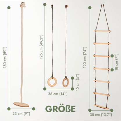 Set aus drei Schaukeln: Scheibe + Ringe + Strickleiter
