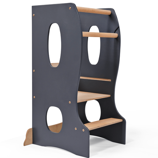 Stabiler Montessori Lernturm: Mitwachsender Kinderstuhl aus Holz – Grau